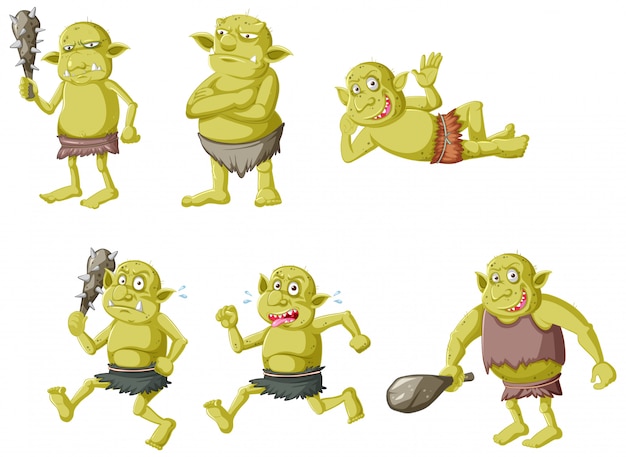 Set of green goblin or troll in different poses in cartoon character isolated