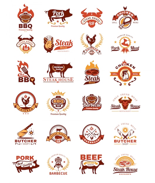 Free Vector set grill and barbecue badges, stickers, emblems