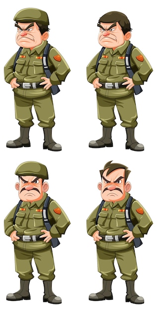 Free Vector set of grumpy army officer cartoon character