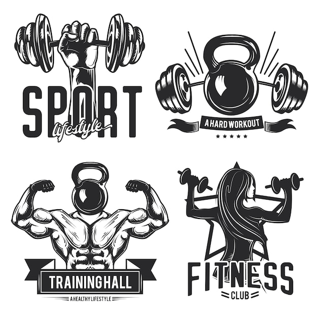 Set of gym emblems, labels, badges, logos. Isolated on white