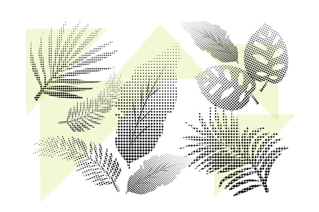 Set of halftone green tropical flowers and leaves