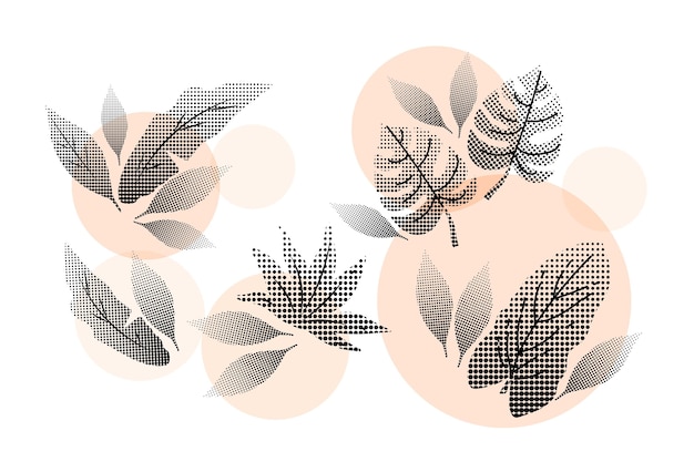 Free Vector set of halftone pink tropical flowers and leaves