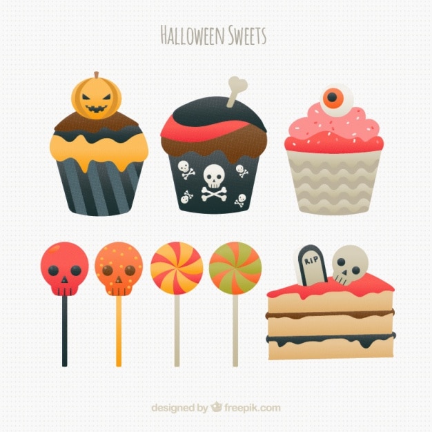 Free Vector set of halloween cakes and lollipops