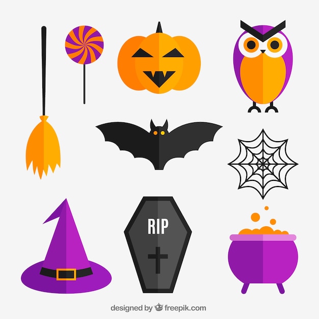 Free vector set of halloween elements in flat design