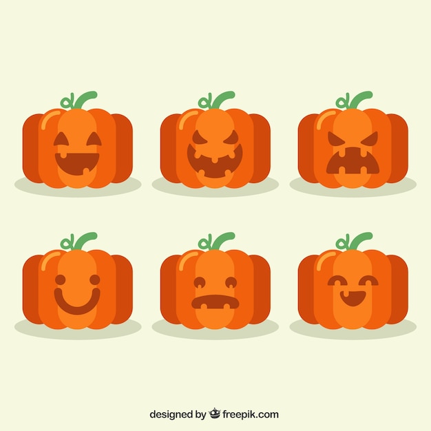 Free Vector set of halloween pumpkins with faces in flat design