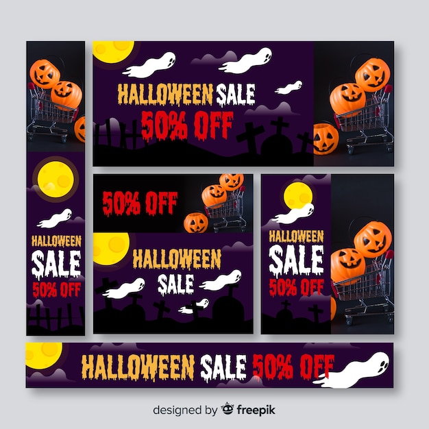 Free Vector set of halloween web sale banners with photo