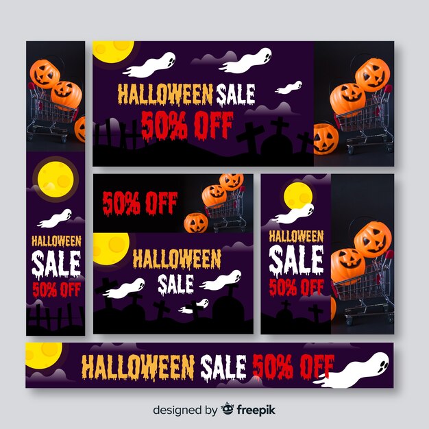 Set of halloween web sale banners with photo