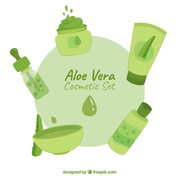 Set of hand-drawn aloe vera products