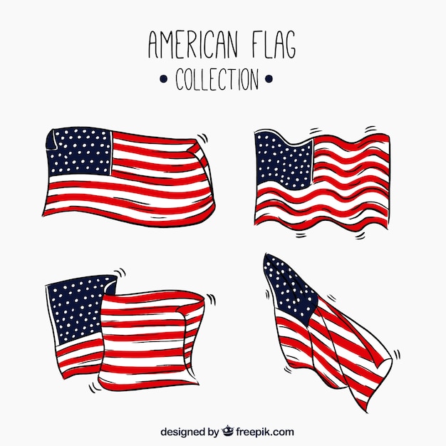 Set of hand-drawn american flags with different designs