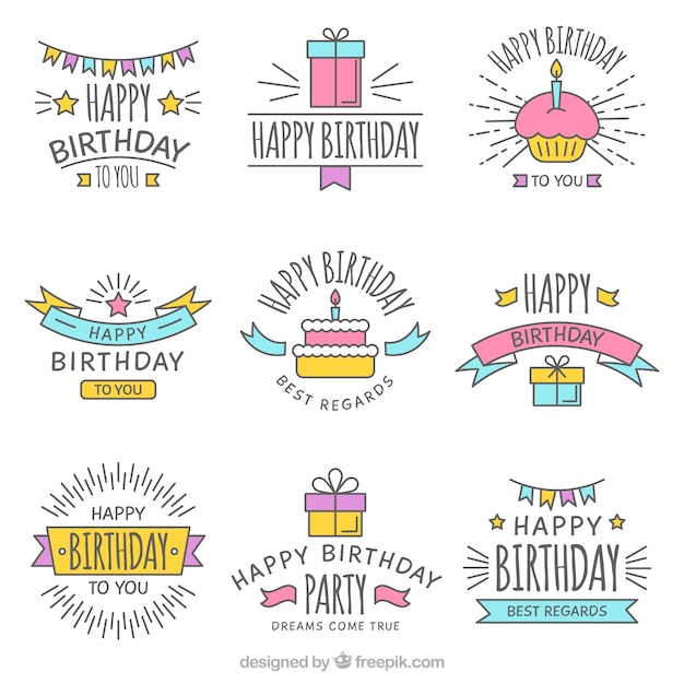 Set of hand drawn birthday stickers