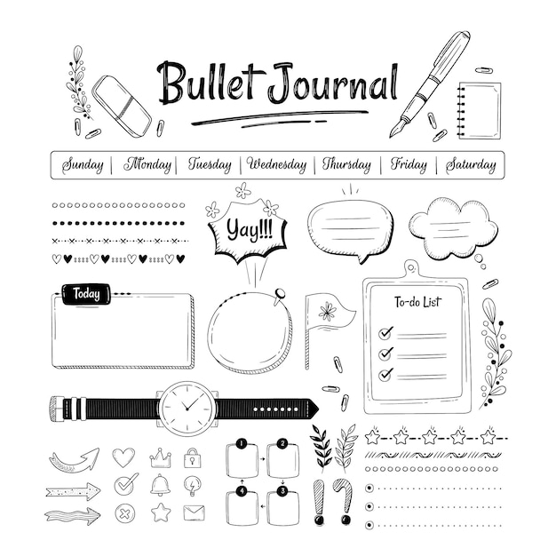 Free Vector set of hand drawn bullet journal elements