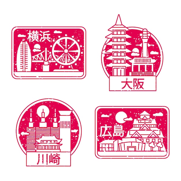 Set of hand drawn city stamps