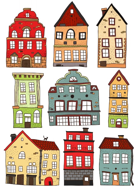 Free vector set of hand drawn colored buildings