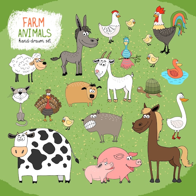 Set of hand-drawn farm animals and livestock