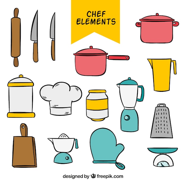 Free Vector set of hand-drawn kitchen elements