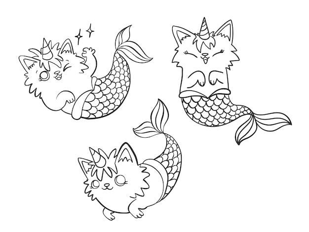 Free Vector set of hand drawn mercaticorn, cute cartoon mermaid cat with unicorn horn in different poses.