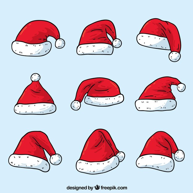 Set of hand drawn santa claus hats