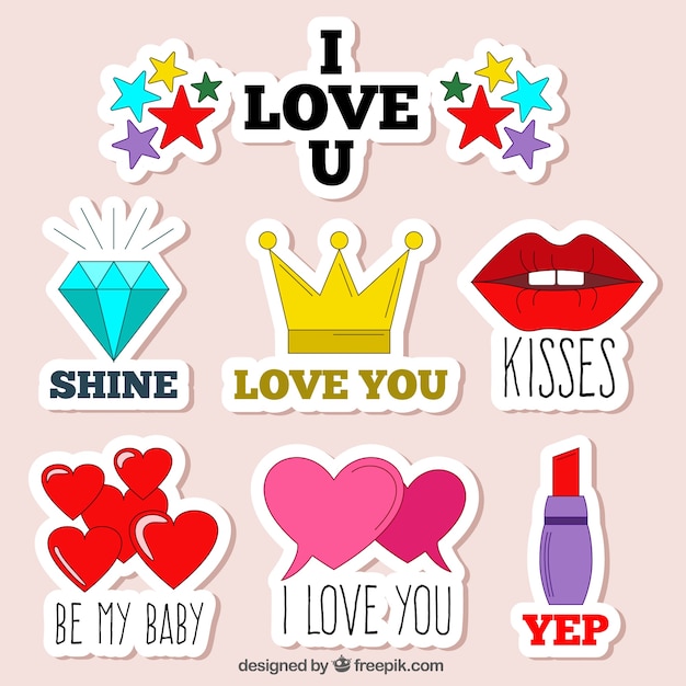 Set of hand drawn stickers with love messages