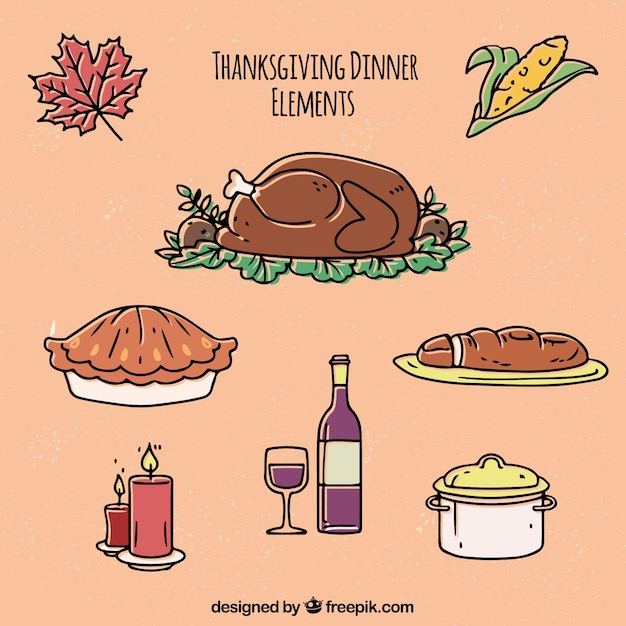 Free Vector set of hand drawn thanksgiving dinner elements