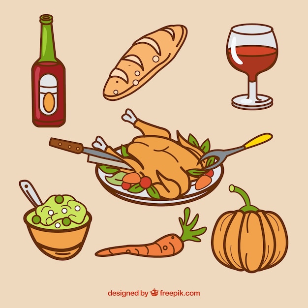 Free Vector set of hand drawn thanksgiving dinner elements