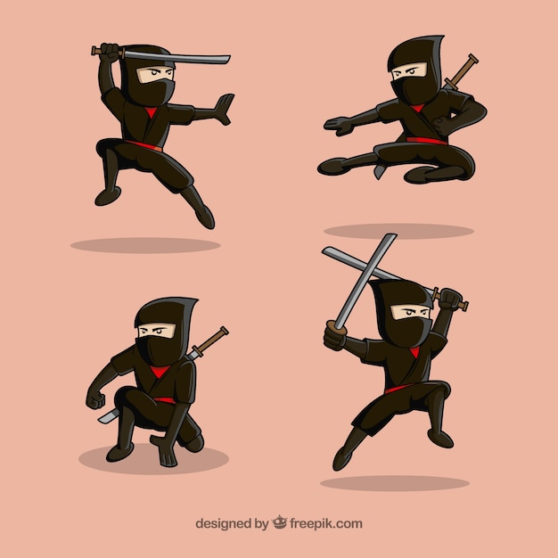 Free Vector set of hand drawn traditional ninja character