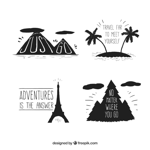 Free Vector set of hand drawn travel elements silhouettes 