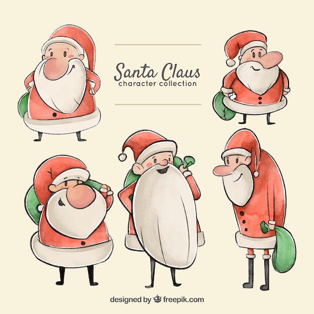 Free Vector set of hand drawn watercolor santa claus characters 