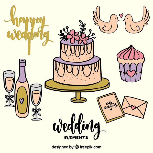 Set of hand drawn wedding elements