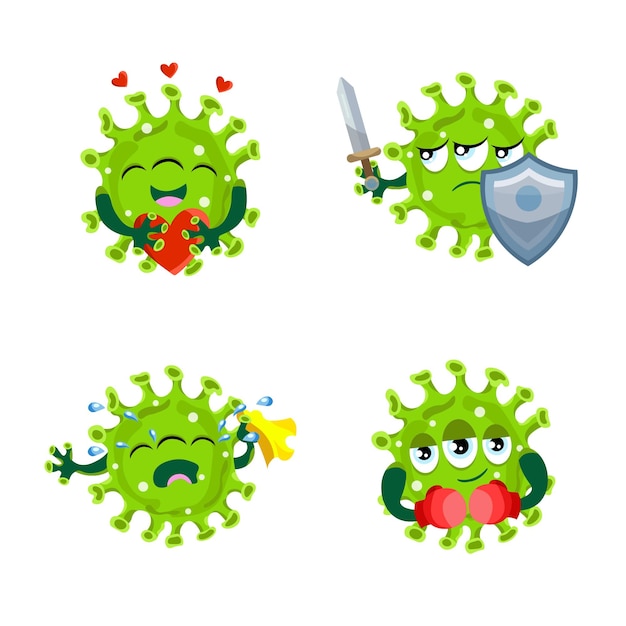 Free Vector set of handdrawn cartoon coronaviruses holding heart sword and shield crying wearing boxing gloves