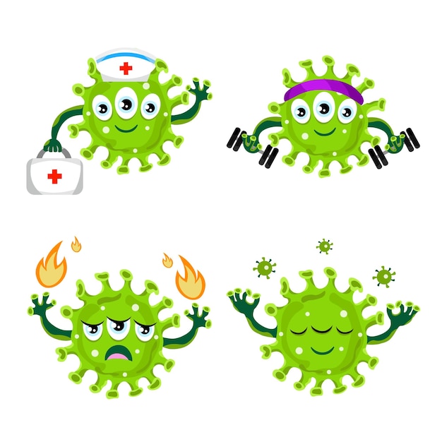 Set of handdrawn cartoon coronaviruses with first aid kit dumbbells fire little viruses