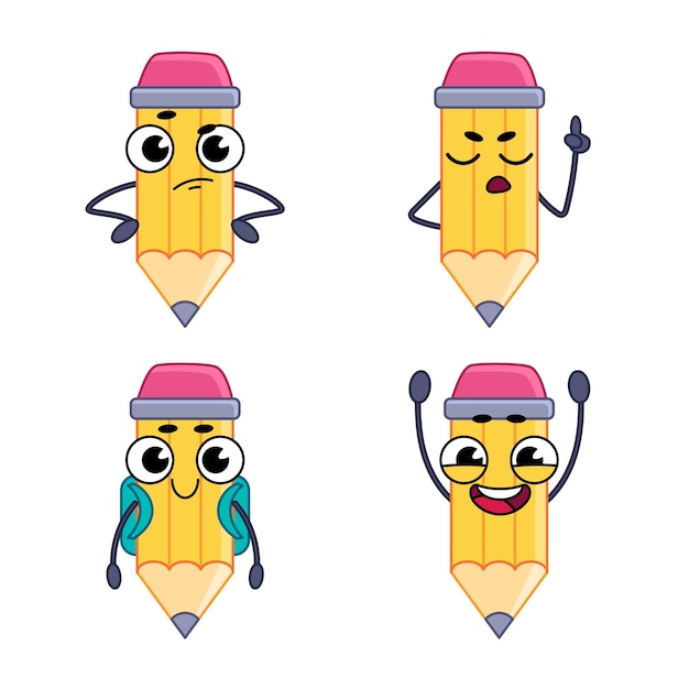 Free vector set of handdrawn cartoon pencils with skeptical doubtful enthusiastic expression wearing backpack