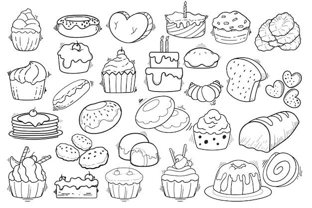 Set of handdrawn doodle illustrations of cakes