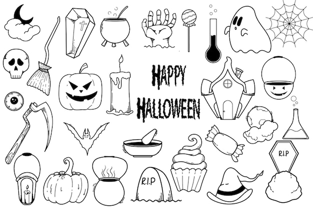 Free Vector set of handdrawn doodle illustrations happy halloween