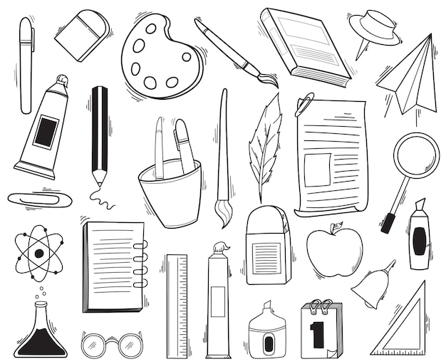 Set of handdrawn doodle illustrations school tools