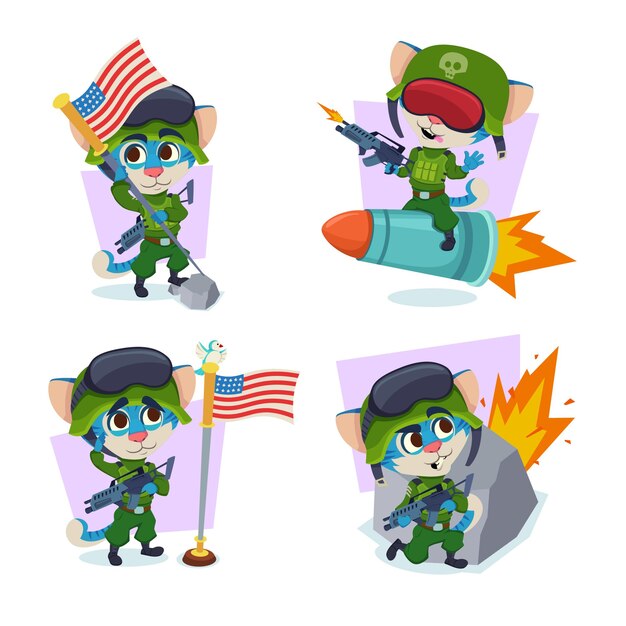 Set of handdrawn soldier cats holding American flag flying on missile saluting hiding during bomb attack