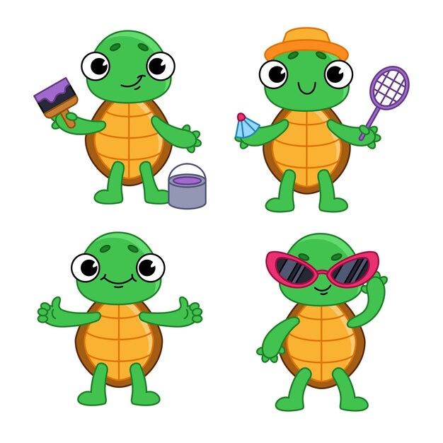 Set of handdrawn turtles with paintbrush and paint racket and shuttlecock showing thumb up wearing sunglasses