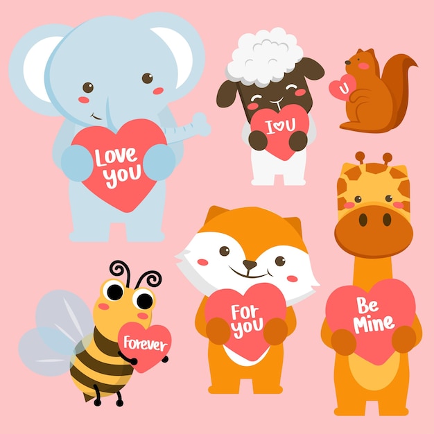 Set of happy animals in cartoon style with love greeting card. Celebrating Saint Valentine's day