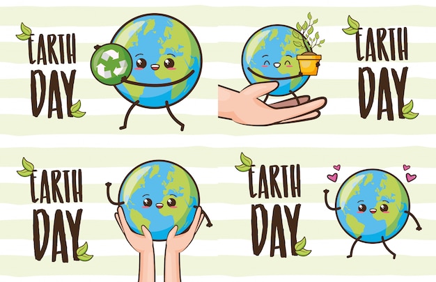 Free vector set of happy earth kawaii, earth day, illustration