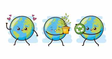 Free vector set of happy earth kawaii, illustration