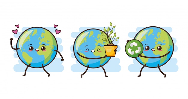 Set of happy Earth Kawaii, illustration