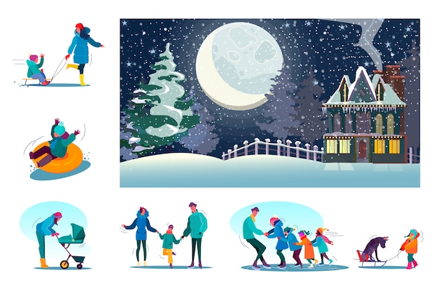 Free Vector set of happy families enjoying winter at rural area