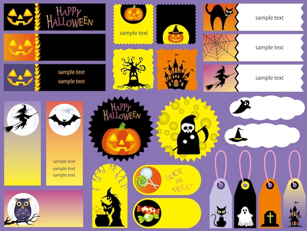 Free vector set of happy halloween cards and tags isolated on a purple background. vector illustration.