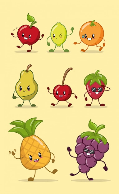 Free Vector set of happy kawaii colors fruits