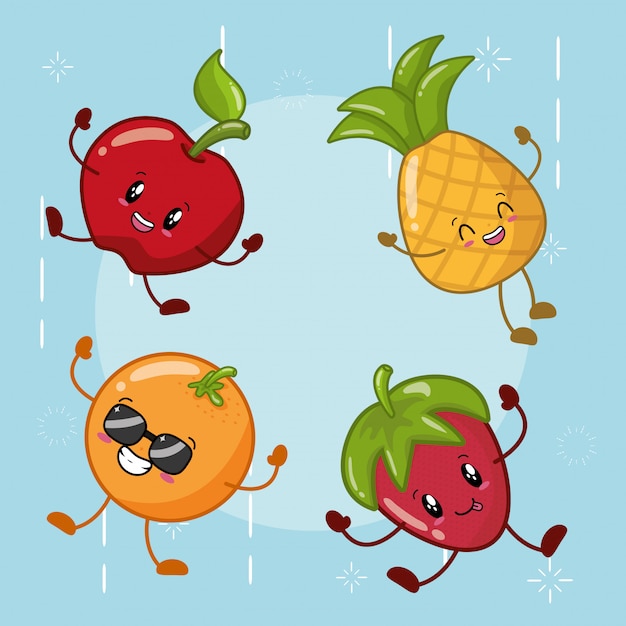 Free vector set of happy kawaii fruits emojis