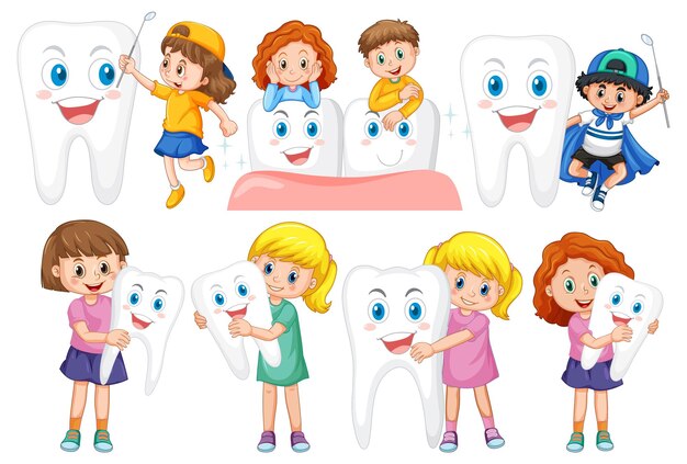 Set of happy kid holding a big tooth and dental mirror on white