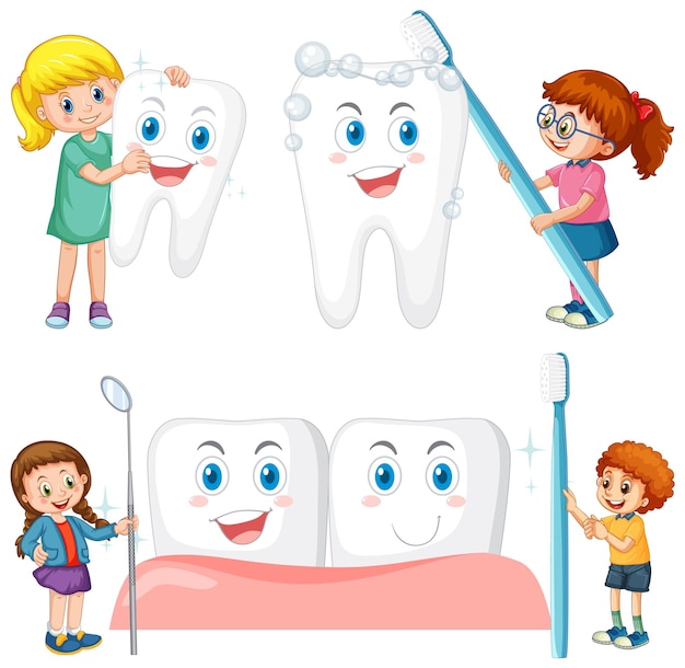 Set of happy kids holding dental cleaning equipment on white bac