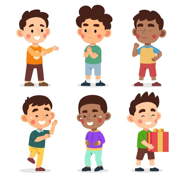 Set of Happy multiethnic preschool boys standing in different action