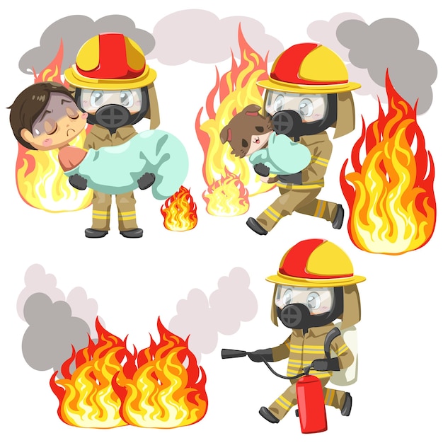 Free Vector set of hero man wearing firefighter in uniform and protection toxic mask help people and animal