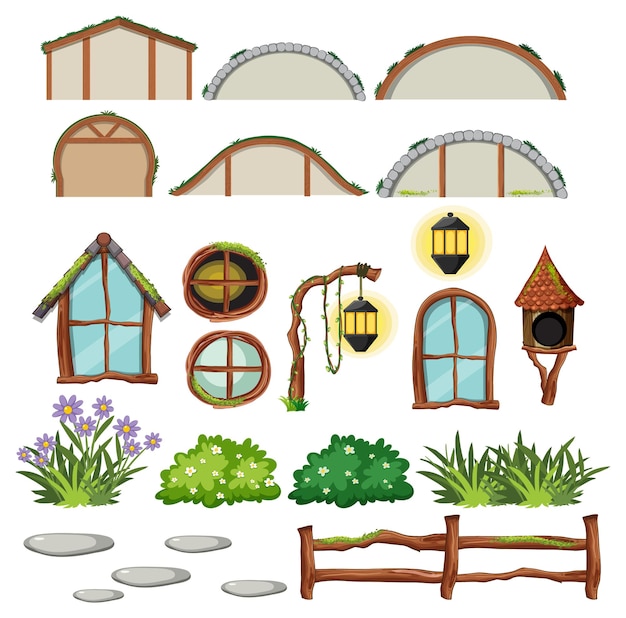 Free Vector set of hobbit house with seperate door and window