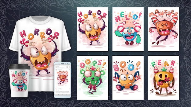 Free vector set horror cute monster poster and merchandising